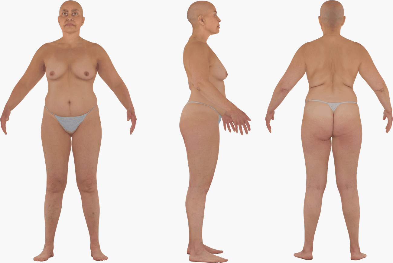 PBR texture map set for a fuller-figured female 3D scan including Albedo, Normal, Specular, Metalness, and Diffuse maps